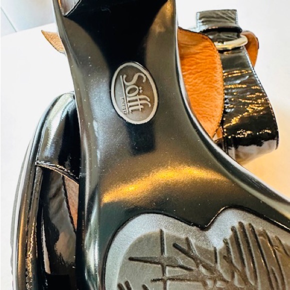 SOFFT Sandals Black Sexy T-Strap Leather Patent Buckle 3”Heel NEW Sz 38.5 7.5 - Picture 9 of 11